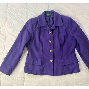 Harvé Benard Blazer Womens Petite Purple Wool Blend Gold Button‎ Jacket Vintage